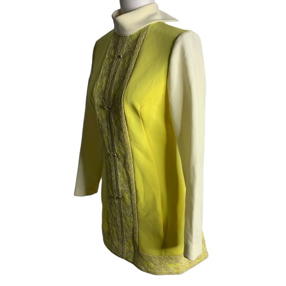 Vintage 60s 2 Piece Stretch Knit Pant Set S Yellow High Neck Pockets Zipper - Picture 7 of 13